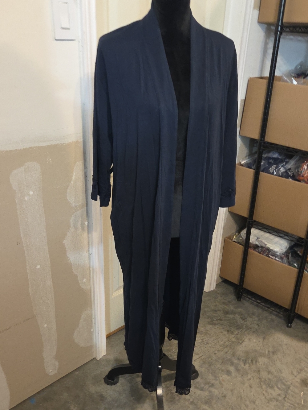 J.Jill Sleep Long Open Front Navy Duster Robe Lace Supima Cotton Pockets Cozy